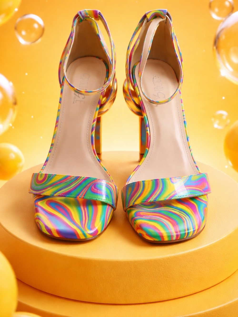 Rouge Helium Multicolor Swirl Ankle-Strap Heels